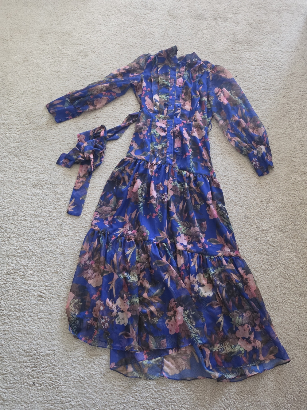 Blue Floral Tiered Maxi Dress with Waist Tie